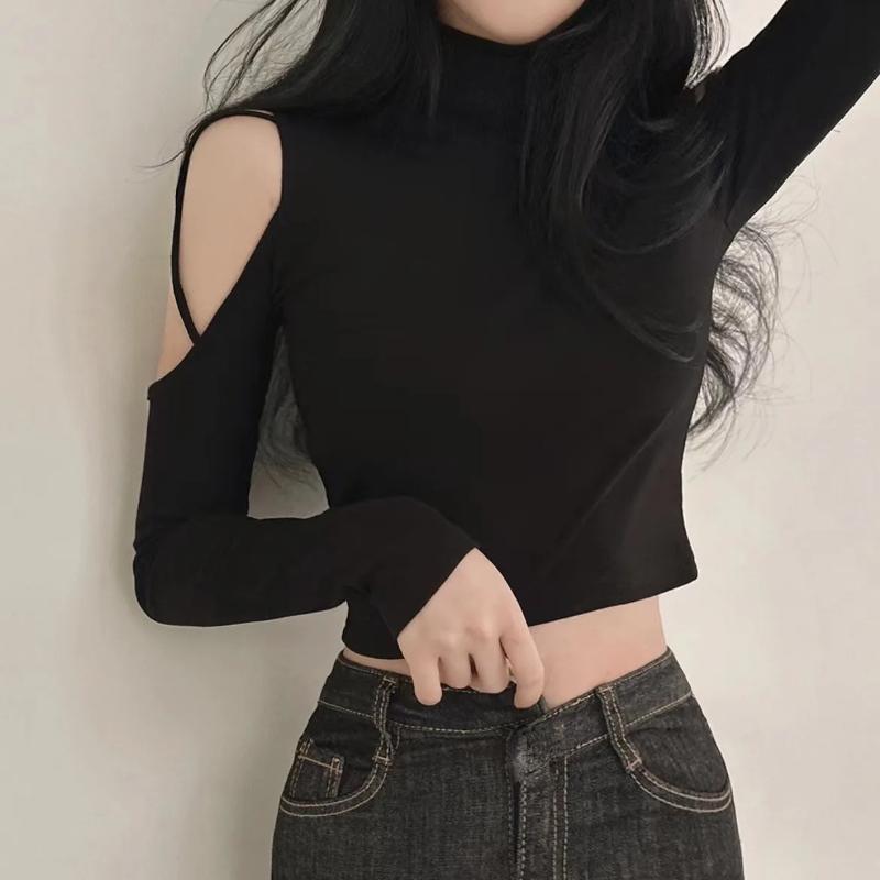 Sexy Off Shoulder Top Women's Long Sleeve Tight Hollow Out High Neck Underlay Short T-shirt Slim Fit