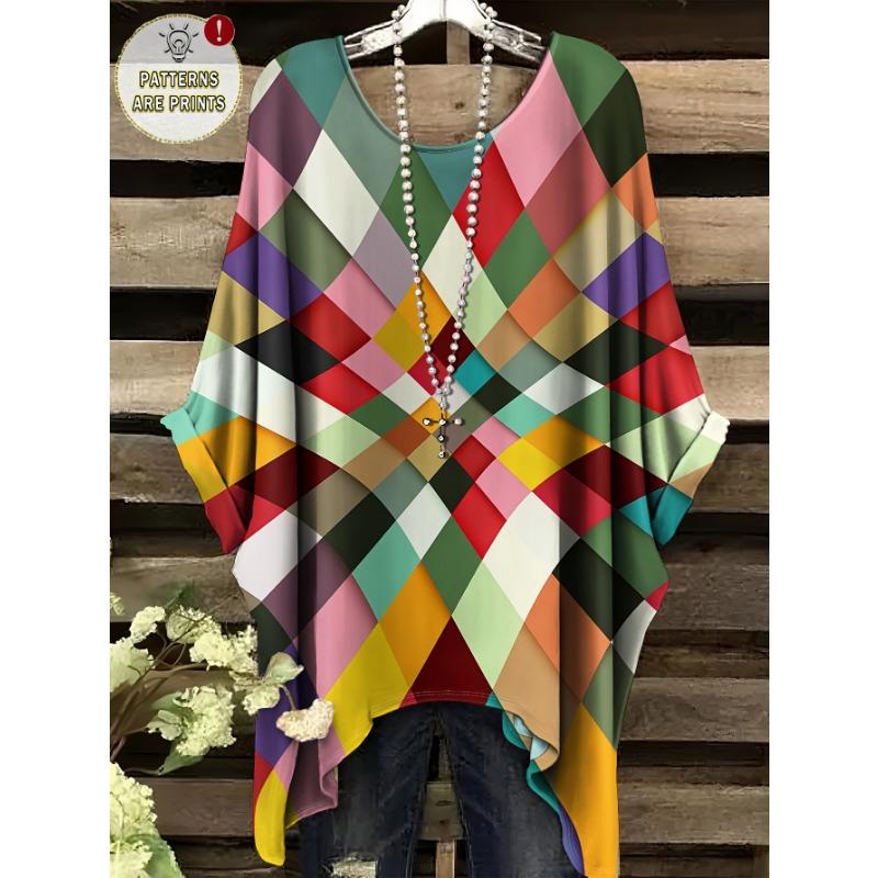 Rainbow Checkered Pattern Full Body Printed Short Sleeved Shirt, Women's Plus Size PlusT Shirt Versatile Fashion Round Neck Loose Top