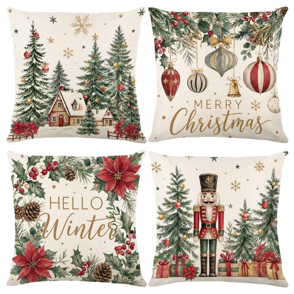 Christmas Theme Short Plush Pillow Cover Set Holiday Print Cushion Case for Living Room Sofa Home Decor 45x45cm