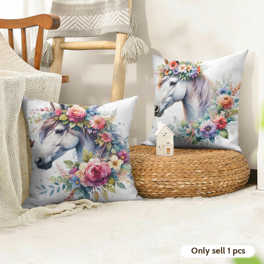 Watercolor Horse  Floral Cushion Cover Natural Linen Organic Fabric DoubleSided Printing Couch Pillow Covers Home Decor