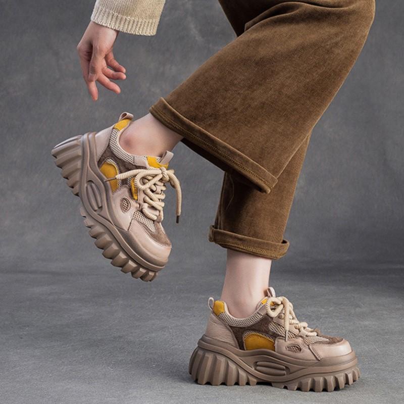 Johnature Genuine Leather Splicing Mesh Casual Shoes Lightweight Lace Up Thick Soled Women's Shoes