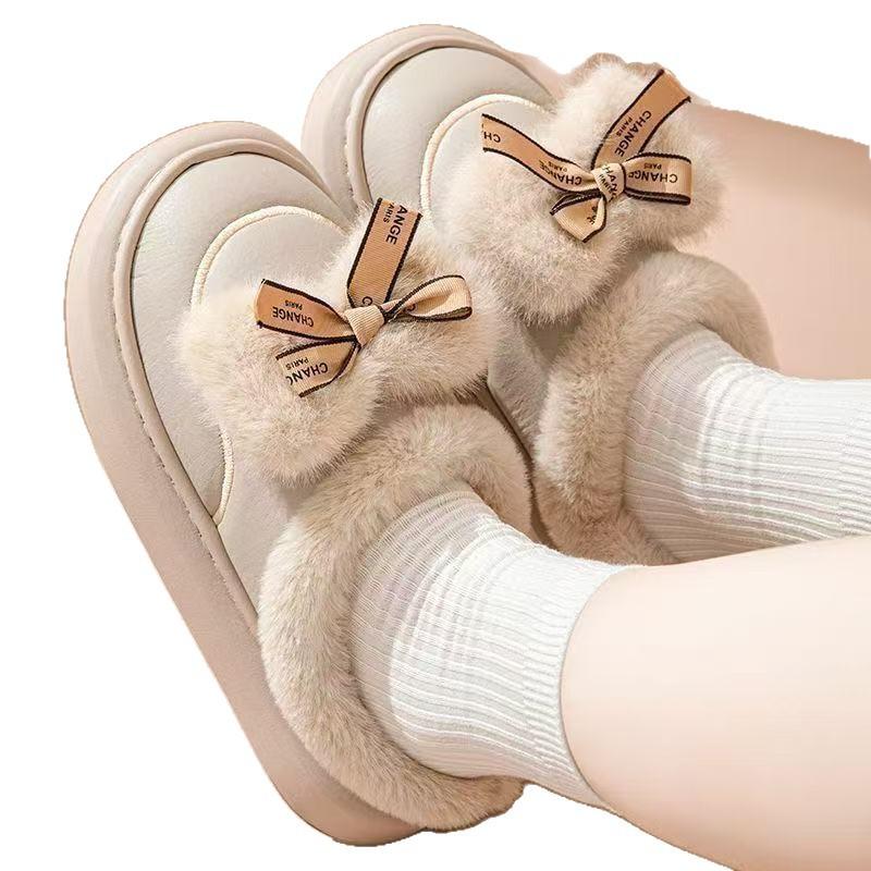 Zimowe domowe wodoodporne bawełniane kapcie modna kokarda antypoślizgowe pogrubione aksamitne ciepłe bawełniane buty