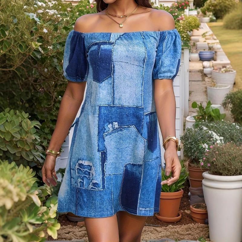 

Spring and Summer Women s Fashion Printed Color-blocking Casual Vacation One-shoulder Lantern Sleeve Dress XXL королівський синій колір