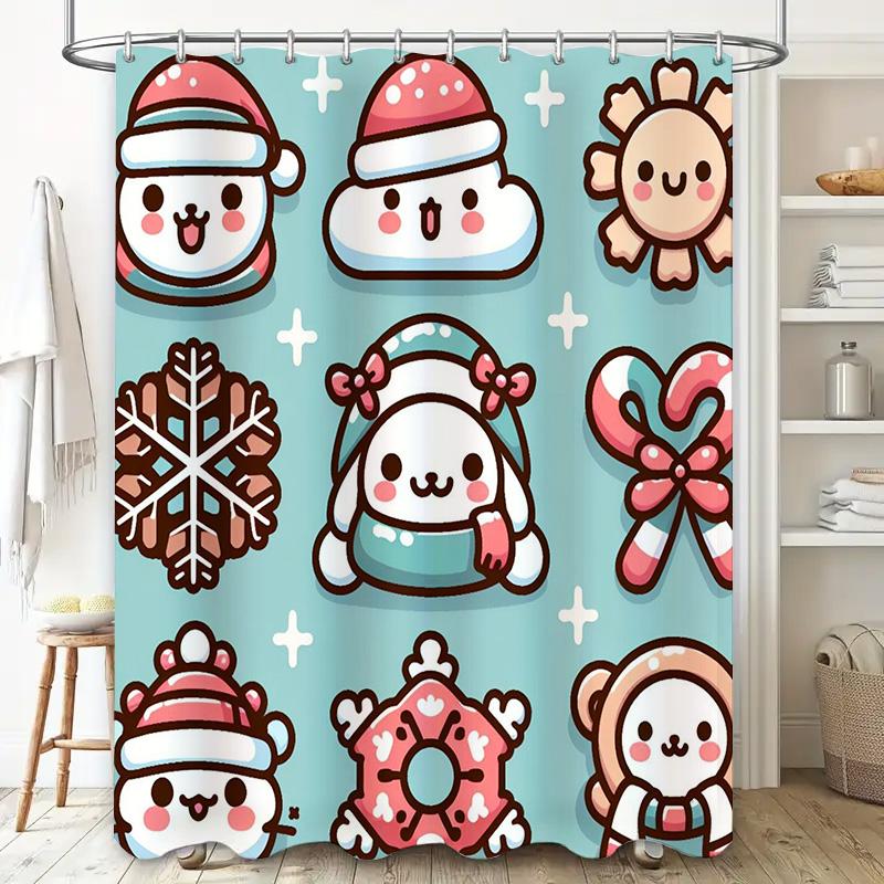 Cozy Plush Bathroom Curtains With Christmas Cartoon Animal Print Blue Shower Curtain Set For Home Decoration In Bathrooms