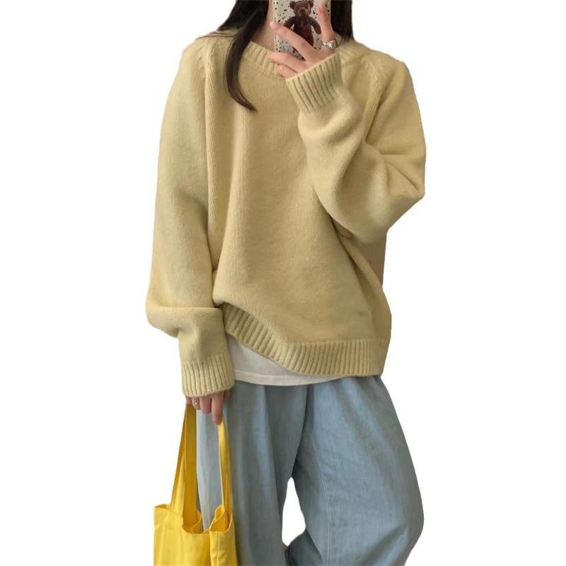 Autumn and winter new thick round neck labeling pullover sweater women's loose soft waxy solid color Korean version knitted sweater top outside