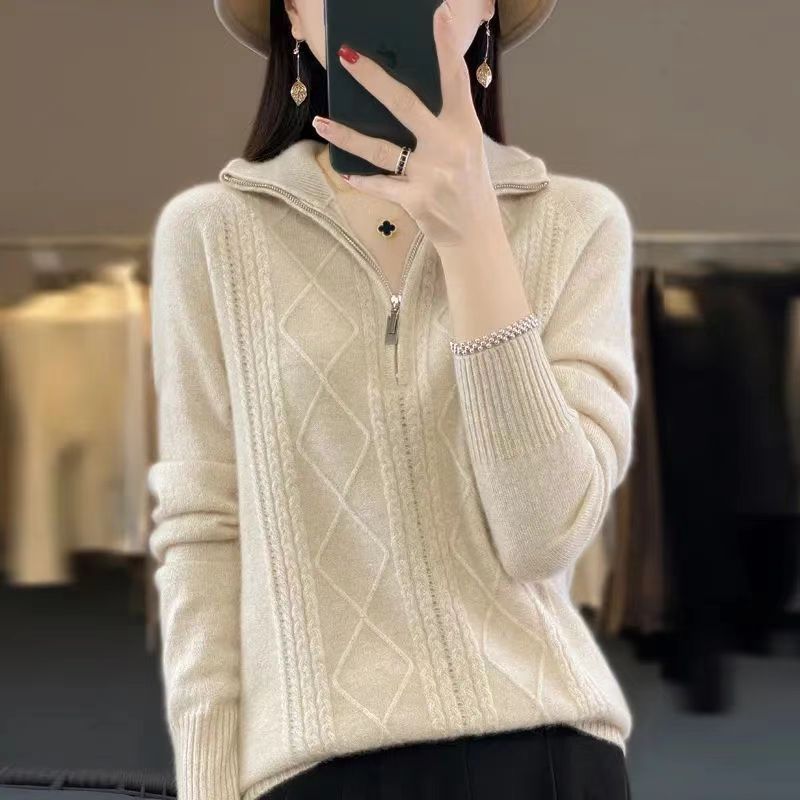 Autumn Winter Women's Stand Collar Sweater Solid Color Pullover Sweater Knit Top