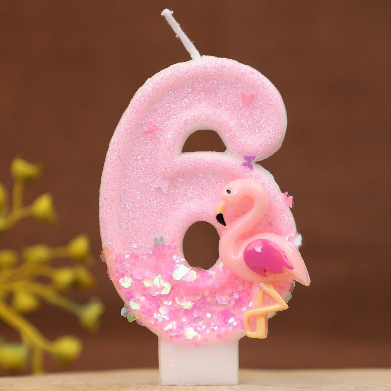 Pink Glitter Birthday Number Candles with Flamingos 1 Year Baby Birthday Cake Decorations