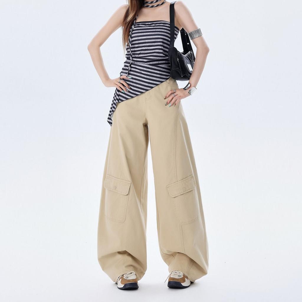 Early Spring Pure Cotton Military Green Comfort Relax Drape Saber Cut Scythe Cargo Denim Pants For Ladies Casual Pants Oversize Denim Trousers