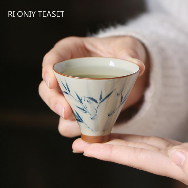 1 Pc Chinese Hand-painted Bamboo Leaf Tea Cup Handmade Ceramic Tea Bowl Teaware Master Porcelain Teacup Meditation Cup 45ml