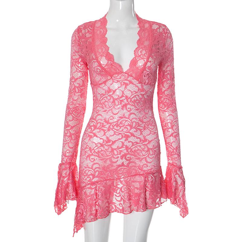 

Европейское и американское кружевное платье-бодикон с низким вырезом и длинными рукавами, однотонное, с полым узором – стройнящий, сексуальный осенний стиль Medium