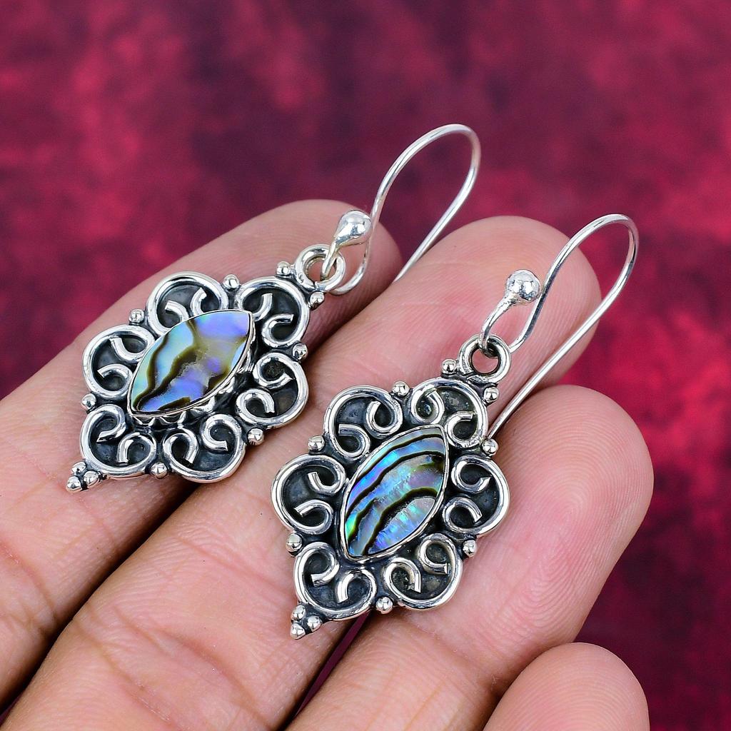 Abalone Shell 925 Solid Sterling Silver Earrings, Handmade Gemstone Earrings Jewelry, Gifts For Wife Brand New Earrings