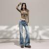 Women's 2025 American-Style Low-Waisted Blue Gradient Micro-Flare Jeans - Slim Fit, Autumn Collection