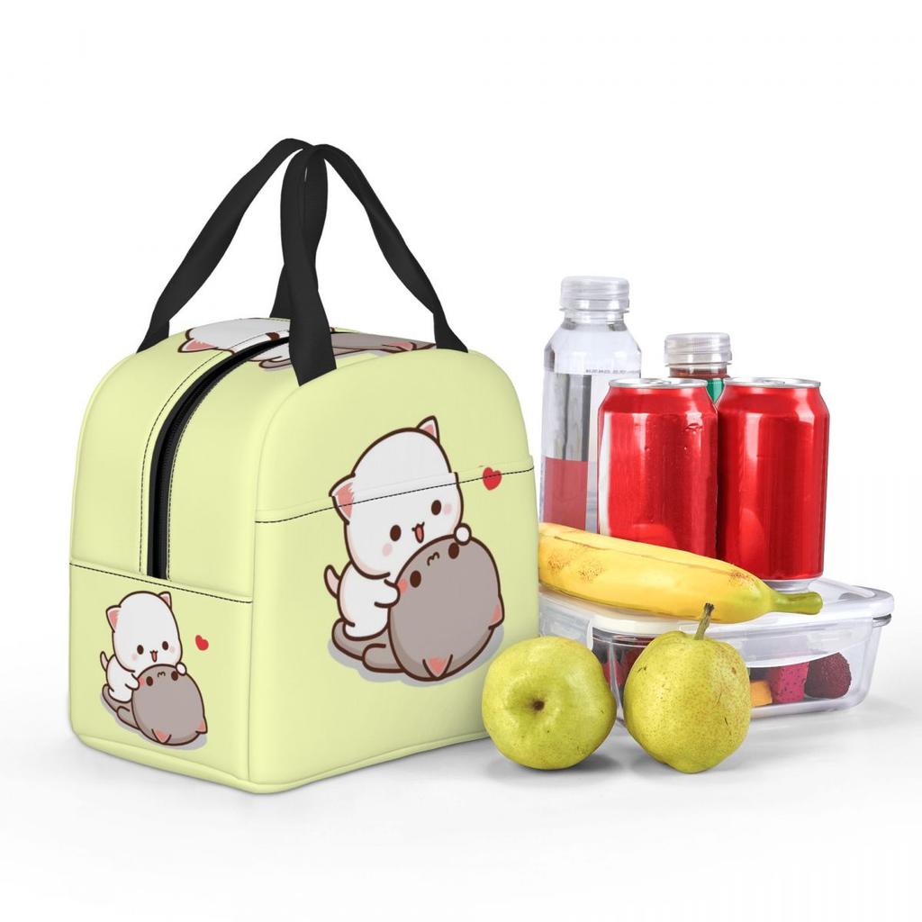 Custom Peach And Goma Mochi Cat Cuddling Thermal Insulated Lunch Bags Women Resuable Lunch Tote for School Storage Food Box