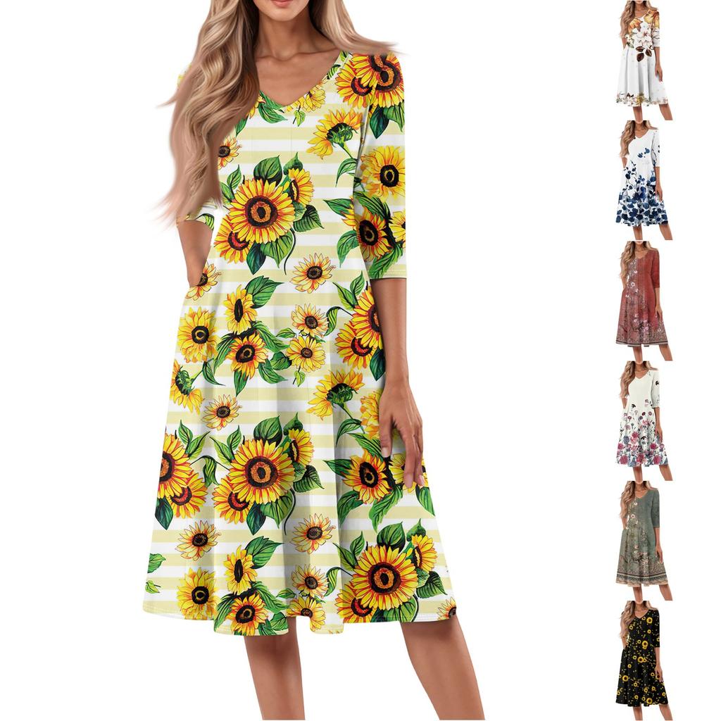 Kvinners uformelle mote V-hals Midi-kjole med trekvart ermetrykk