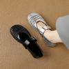 Fashion Women's new leather cowhide woven hollow breathable round head metal belt buckle low heel plus size Mary Jane casual single shoe