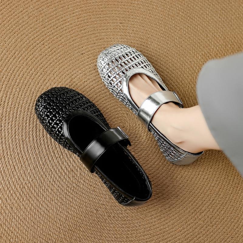 Fashion Women's New Leather Cowhide Woven Hollow Breathable Round Head Metal Belt Buckle Low Heel Plus Size Mary Jane Casual Single Shoe