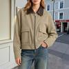 Women Corduroy Jacket with Faux Leather Collar Full Zip Front Long Sleeve Casual Outerwear with Front Flap Pockets