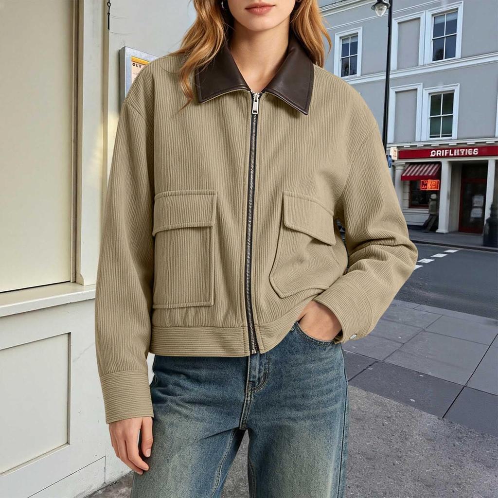 Women Corduroy Jacket with Faux Leather Collar Full Zip Front Long Sleeve Casual Outerwear with Front Flap Pockets