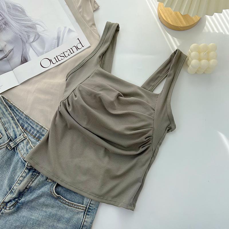 Korean Ruffled Spaghetti Strap Women's Tank with Chest Pads - Sexy Backless Slimming Base Layer