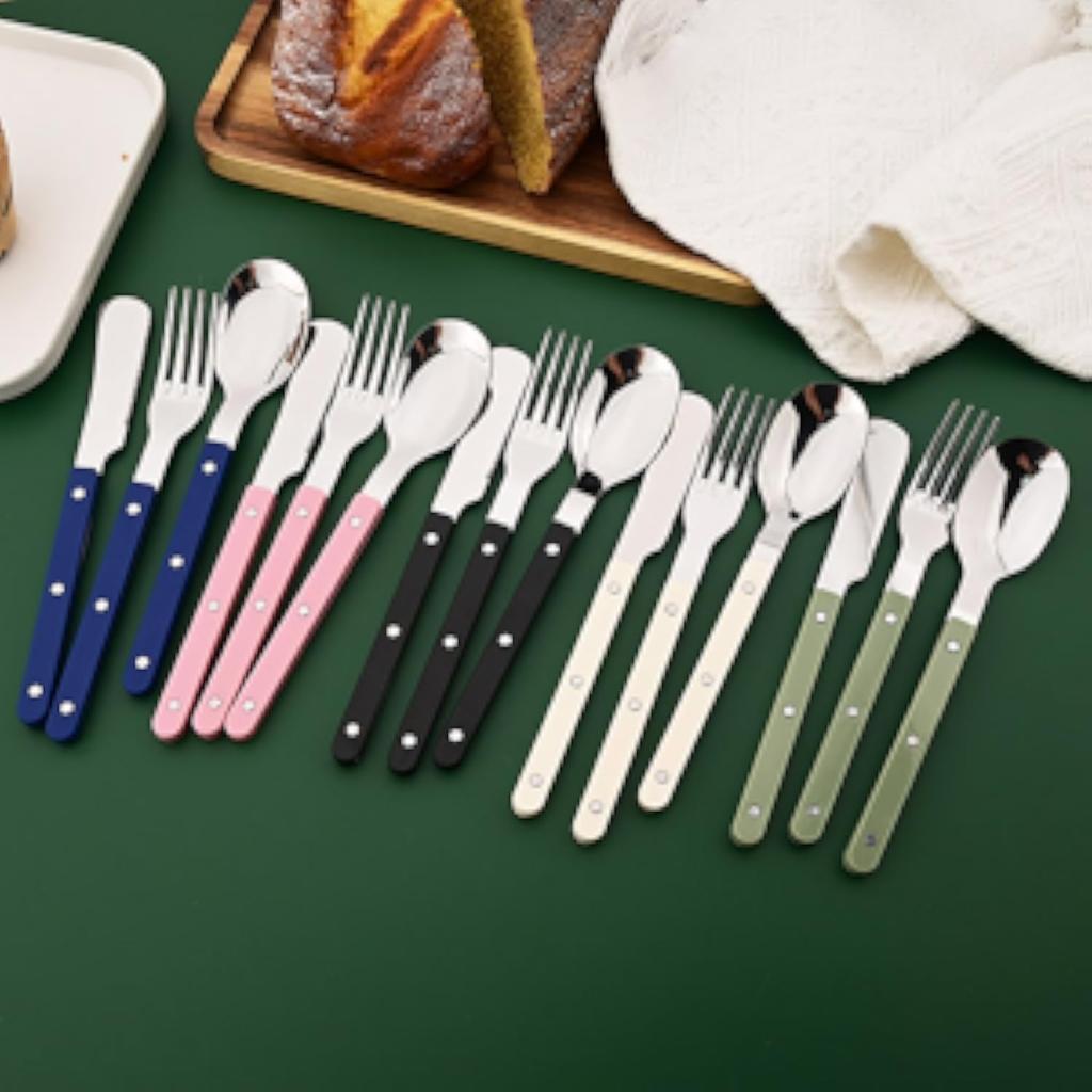 20 PCS Stainless Steel Flatware Set Service for 4, Retro Style  Tableware Forks Spoons Knives Eating Utensils, Acrylic Handle with Rivets Design