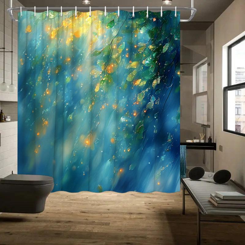 1pc Sunlit Forest Shower Curtain - Golden Leaves, Greenery, Dreamlike Polyester, 70.8x70.8", 12 Hooks, Washable