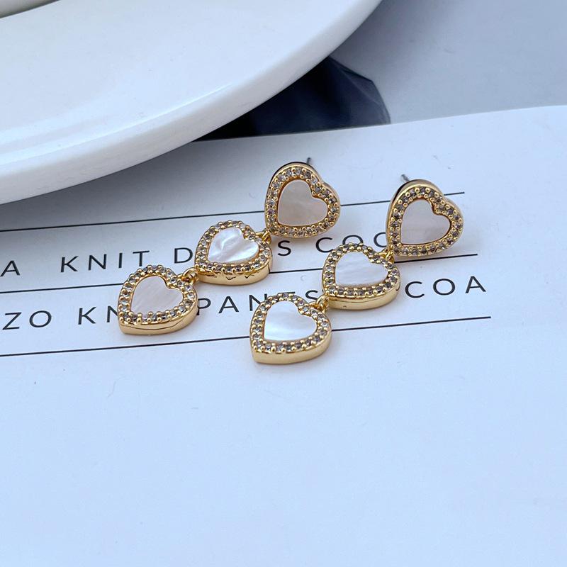 

Elegant Heart-Shaped Zircon & Shell Inlay Metal Earrings