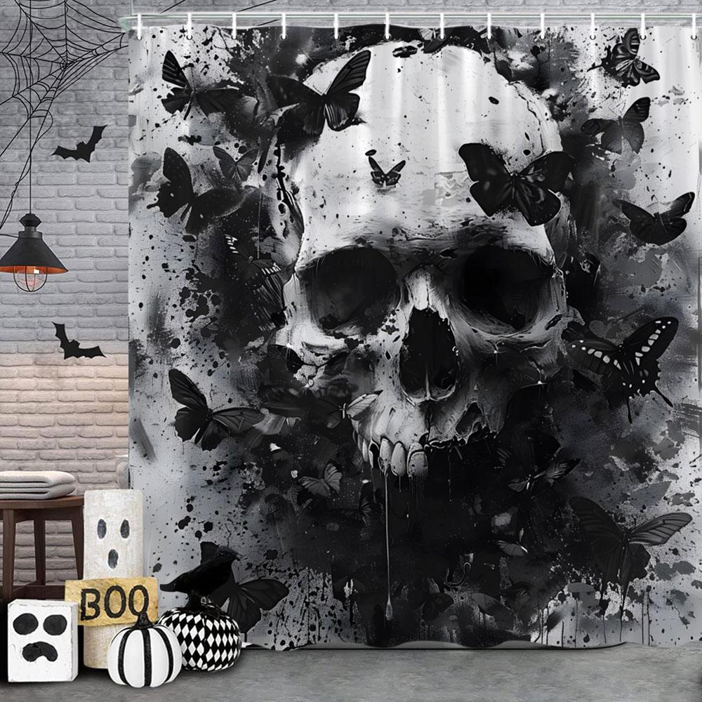 Spooky Horror Halloween Skeleton Crow Shower Curtain Black Bat Black Cat Polyester Fabric Bath Curtain Bathroom Decor With Hoo