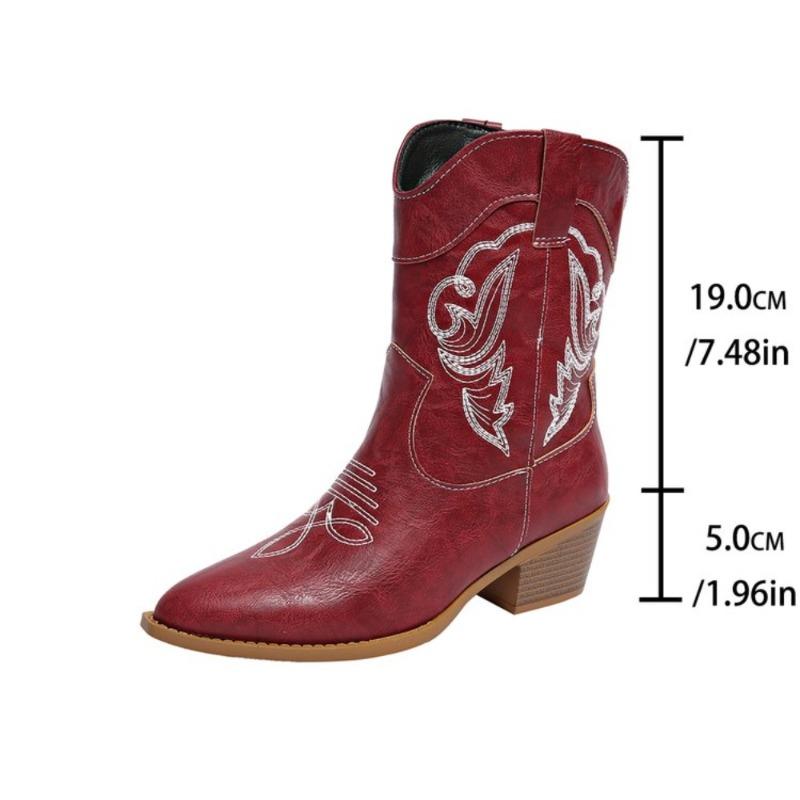 Western Boots Women's  Shoes Autumn Winter Fashion Pointed Toe Embroidered Style Square Heel Mid-Calf Knight Boots Plus Size 43