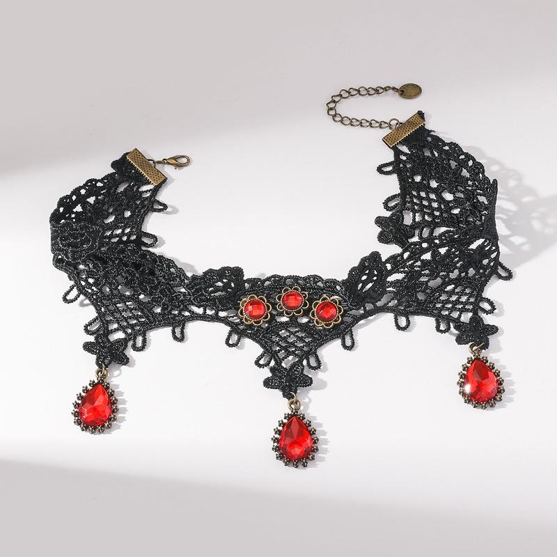 Vintage Red Crystal Pendant Lace Necklace Female, Personalized Exaggerated Collarbone Chain Lace Neck Chain Collar