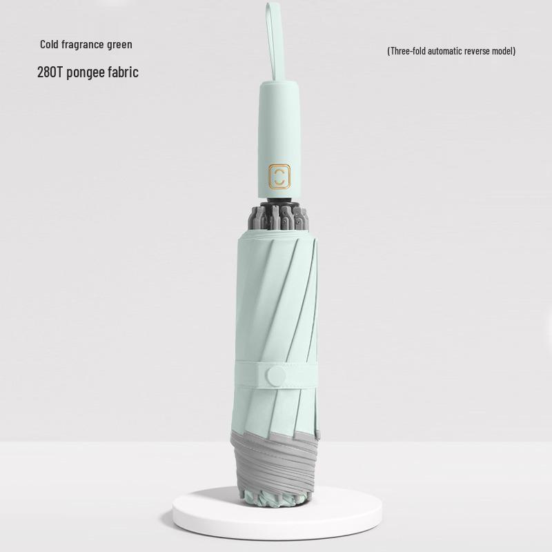 10-Rib 280T Pongee Automatic Three-Fold Inverted Umbrella with Silicone Strap Handle for Sun and Rain