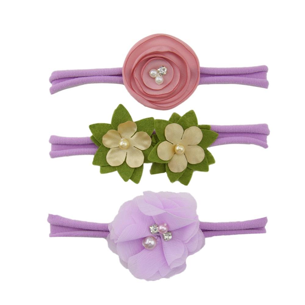 Children'S Nylon Headband Three-Piece Elastic Soft Headband Green Flower Headgear Versatile Head Flower Set