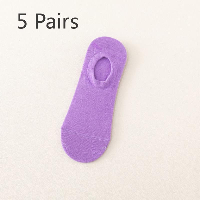 5 Pairs of Spring and Summer Shallow Women's Boat Socks Candy-coloured Invisible Socks Silicone Non-slip Anti-falling Heel Leisure Cotton Socks Tide