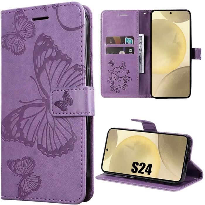 Coque de protection - Booling - pour Samsung Galaxy S24 - Violet - Effet cuir - Motif papillon stylisé