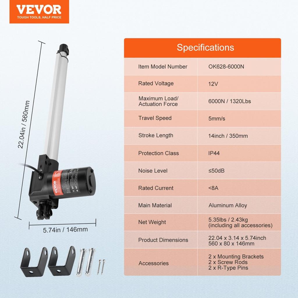 Linear Actuator 12V 14In Heavy Duty 1320lbs/6000N 0.19"/s IP44 Protection