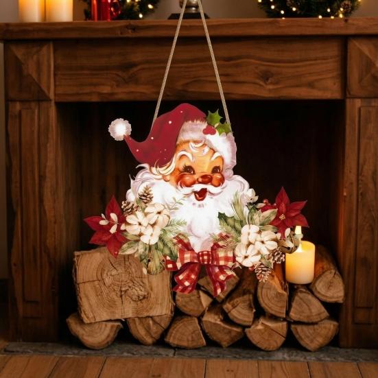 Vintage Style Wooden Pendant Santa Claus Hanging for Christmas, Rustic Floral Wall Sign, Christmas Door Sign Tree Ornament with Hemp Rope Home Office