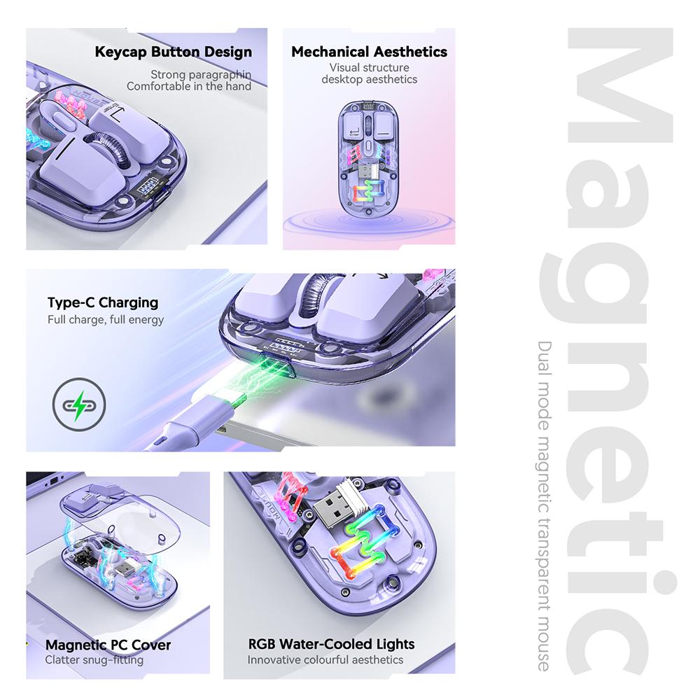 Transparent Wireless Dual-Mode Mice, BT5.0 2.4G One-Button Switching, Type-C 400mAh Rechargeable