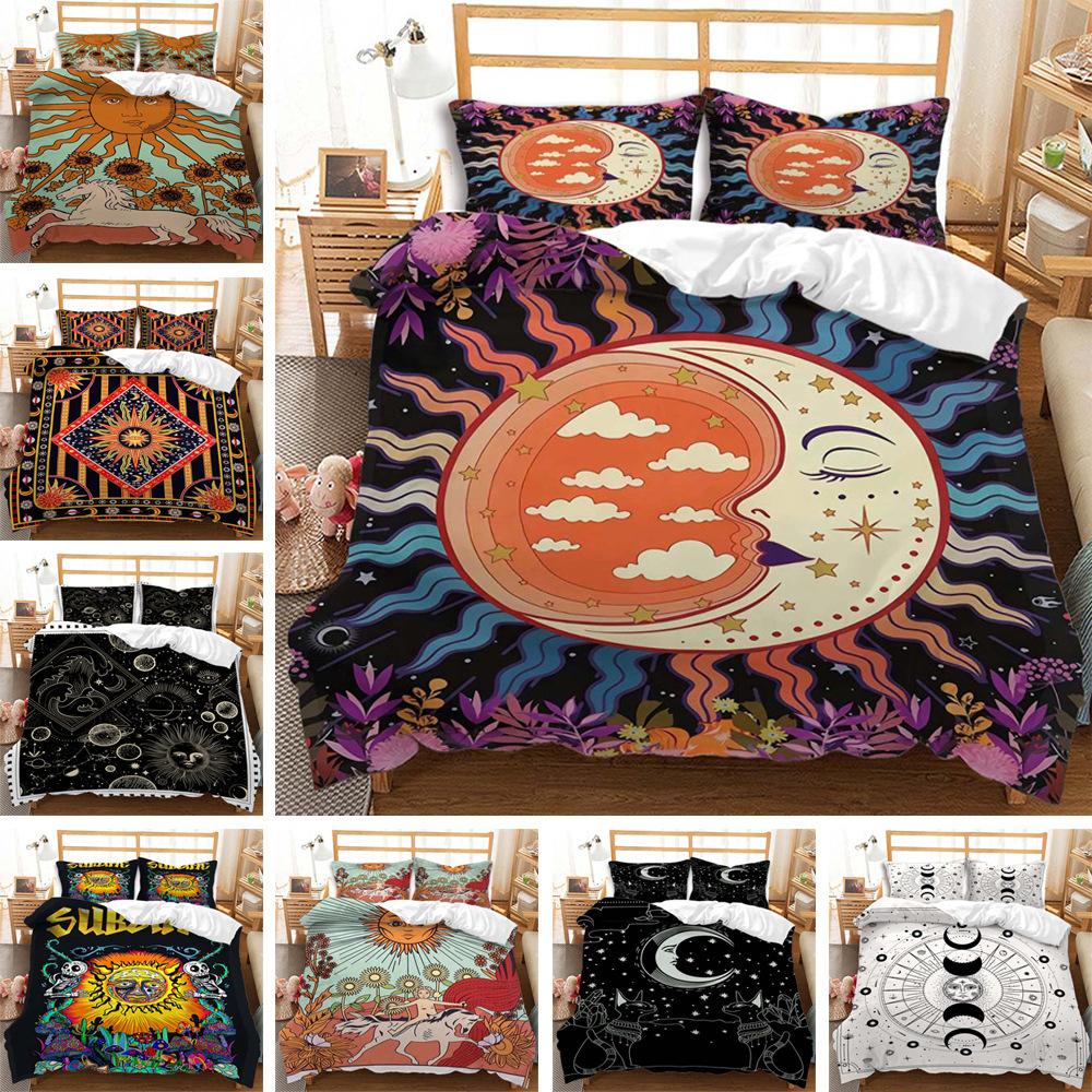 Three-Piece Sun And Moon Quilt Cover Digital Printing Bedding Kit Simple Style