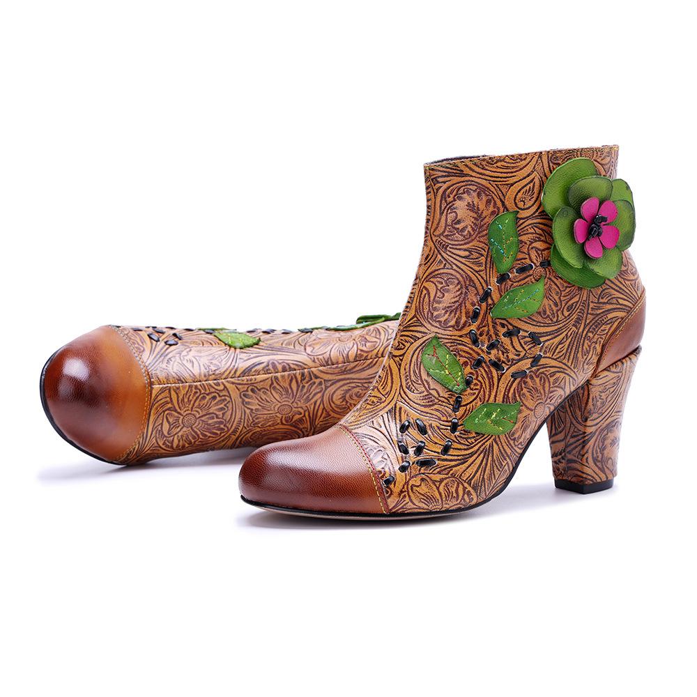 Johnature Genuine Leather Printed High-heeled Short Boots Vintage Flower Thick Heel Side Zipper Women's Boots