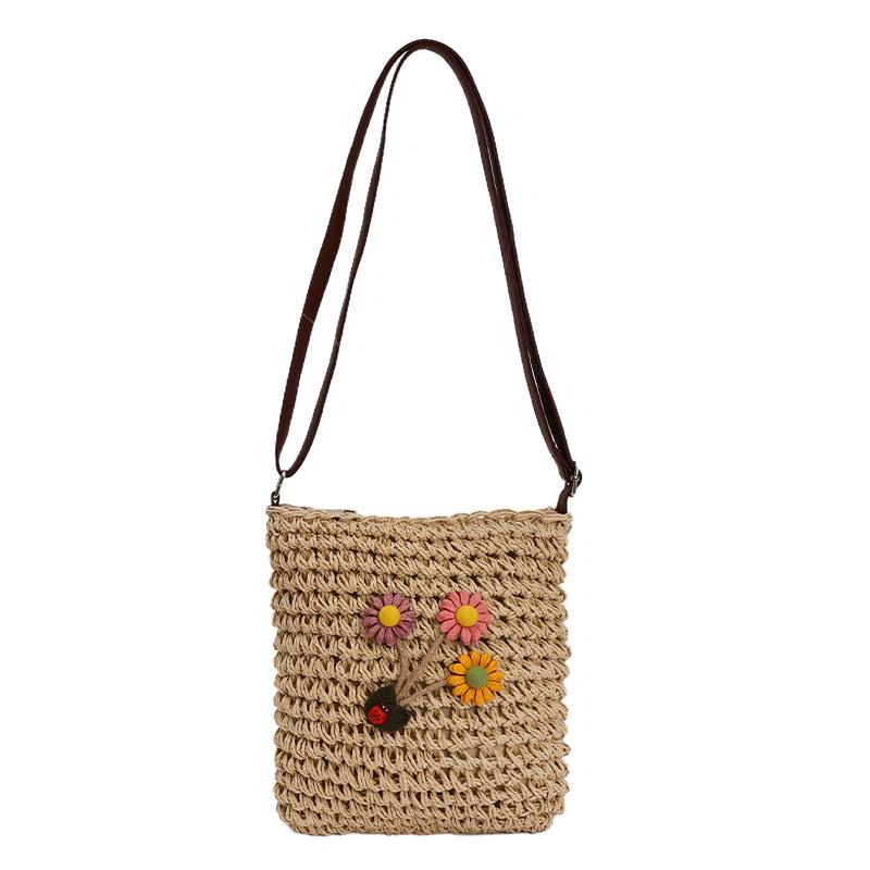 Summer Cute Flower Decor Beach Shoulder Bags Straw Solid Woven Youth Women s Crossbody Bags Casual Straw Handmade Purse бежевый