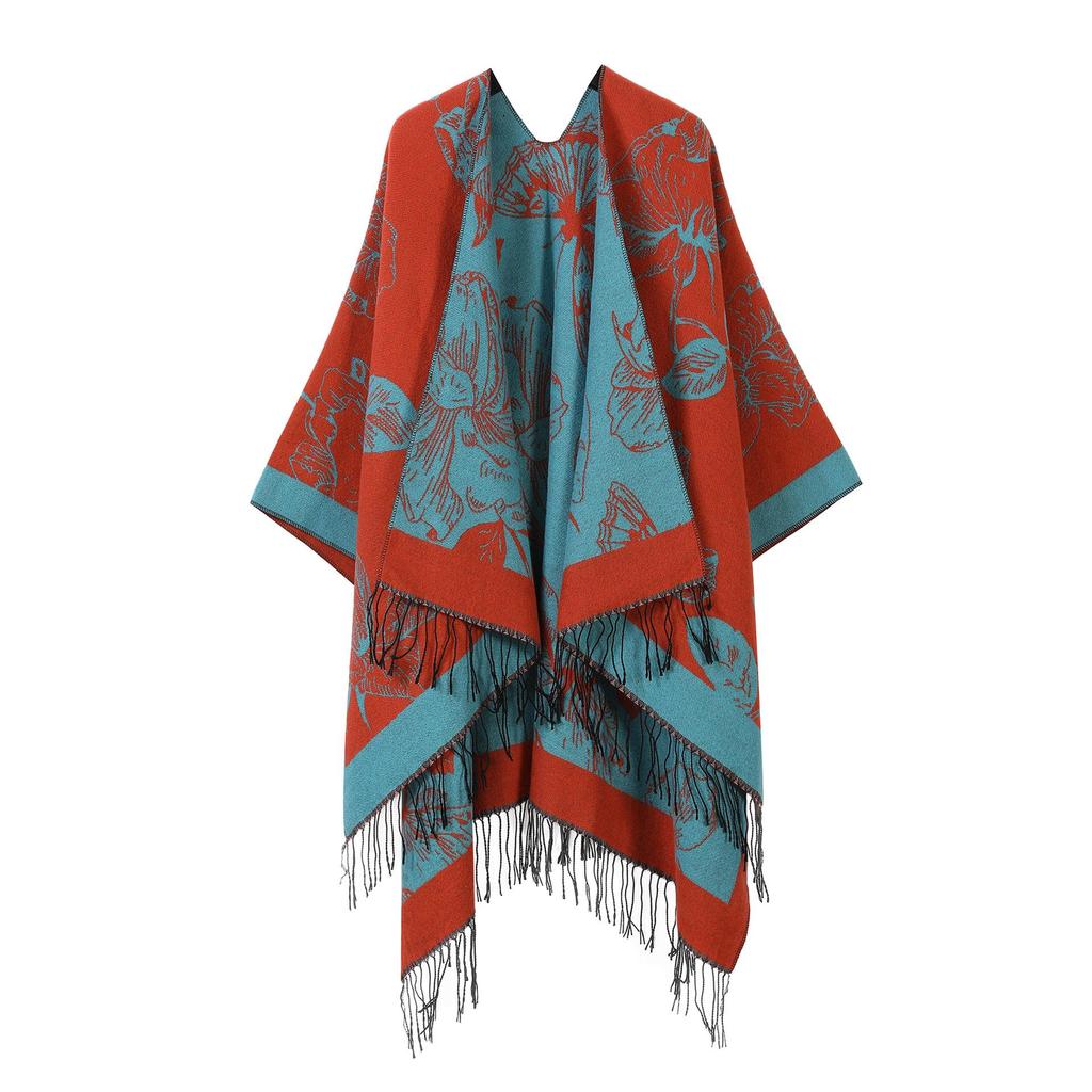 In-Stock Women's Double-Sided Tassel Shawl Cape - Classic Style, High-End, Warm, Perfect for Travel.