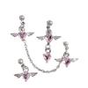 Zircon Heart-shaped Ear Barbell with Sweet and Cool Chain Wings Earrings, Titanium Steel Little Angel Wings Stud Earrings