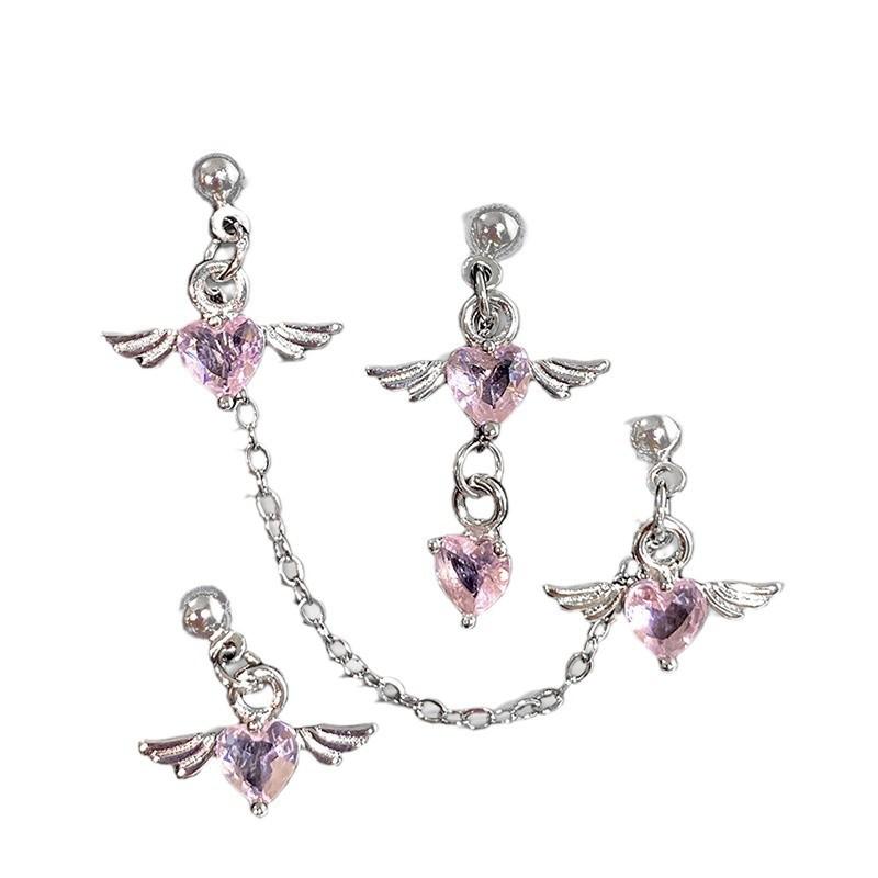 Zircon Heart-shaped Ear Barbell with Sweet and Cool Chain Wings Earrings, Titanium Steel Little Angel Wings Stud Earrings