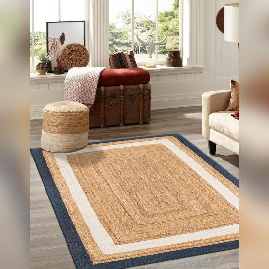 Aizza Trends Indian Handmade Braided Navy Blue & White Boder Natural Jute Area Rug- Jute Rug- Dining Room- Living Room