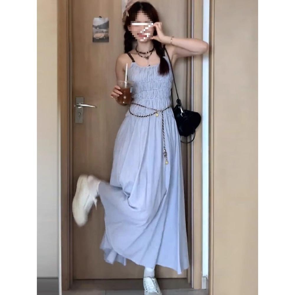 Blue suspender dress women's summer pure desire new French seaside vacation wind beach waist long dress