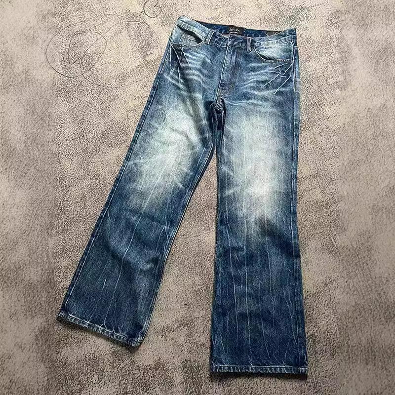 Unisex Retro Tmavě modré roztrhané džíny se širokými nohavicemi a motivem prasklého blesku