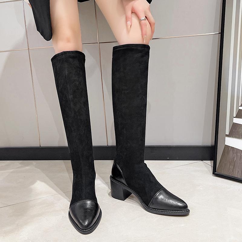 Paneled Suede Tall Boots Autumn New Pointed Toe Non-Slip Wear-Resistant Block Heel Knee-High Cotton Boots