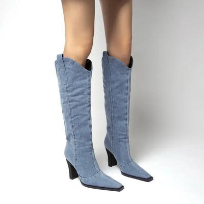 Dames Chunky Laarzen Dikke Hoge Hakken Western Cowboy Dikke Hoge Hakken Herfst Puntige Neus Chunky Hakken Kniehoge Ridder Botas
