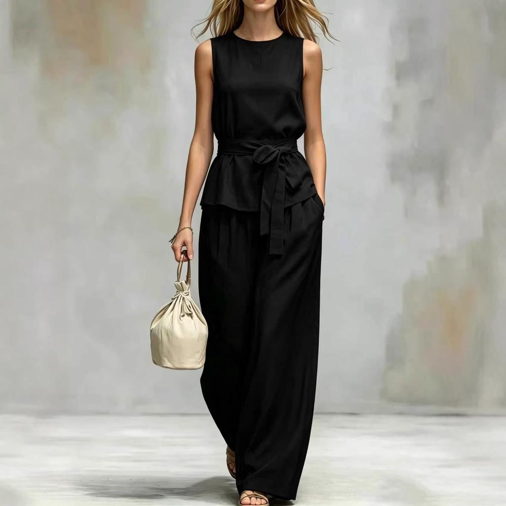 Women Solid Color Sleeveless Jumpsuit Round Neck Self Tie Belt Wide Leg Pants Casual Loose Fit Long Overalls
