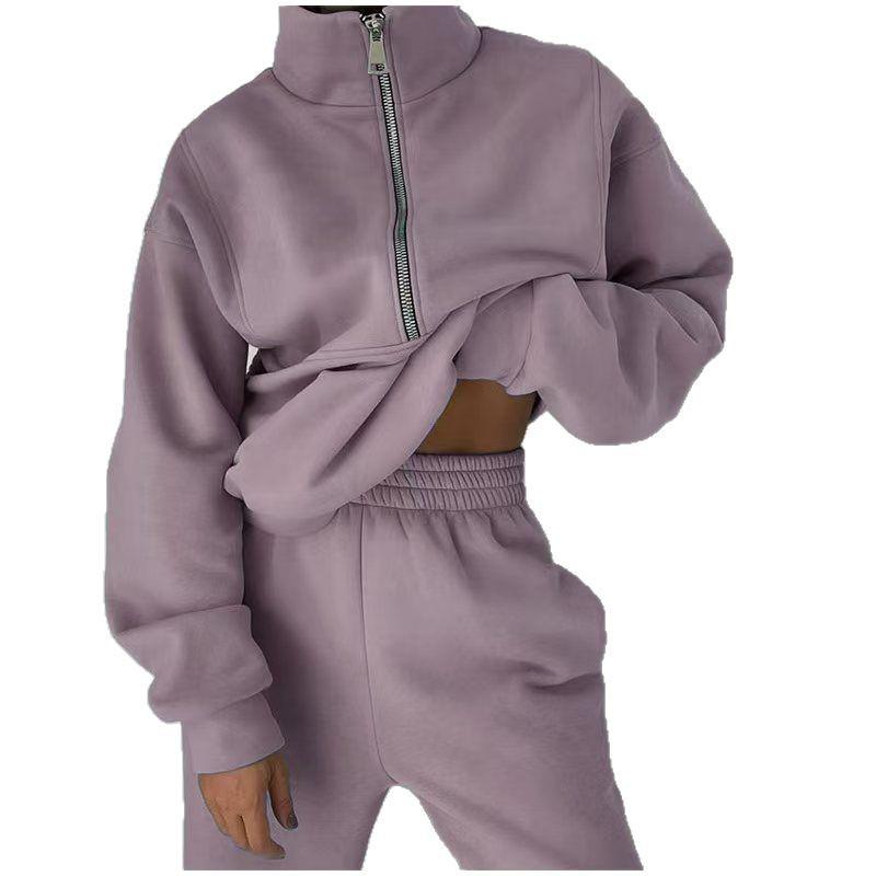 Europäischer & Amerikanischer Stil Lässiger Strickfleece mit Reißverschluss Sweatshirt & Sweatpants Damen Zweiteiler