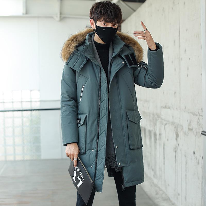 2025 Men's Mid-Length Down Jacket with Fur Collar, Thickened for Warmth, Below Knee Length, Multi-Pocket Winter Coat
